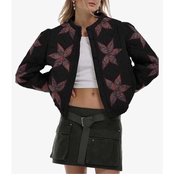 Gacaky Jackets & Blazers - Gacaky Lightweight Floral Embroidered Cropped Quilted Jacket -S